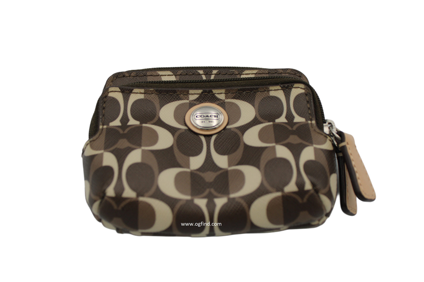 Coach Brown &amp; Tan Signature Monogram Compact Snap Wallet