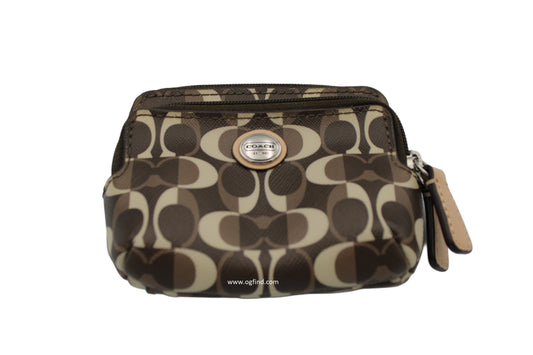 Coach Brown &amp; Tan Signature Monogram Compact Snap Wallet