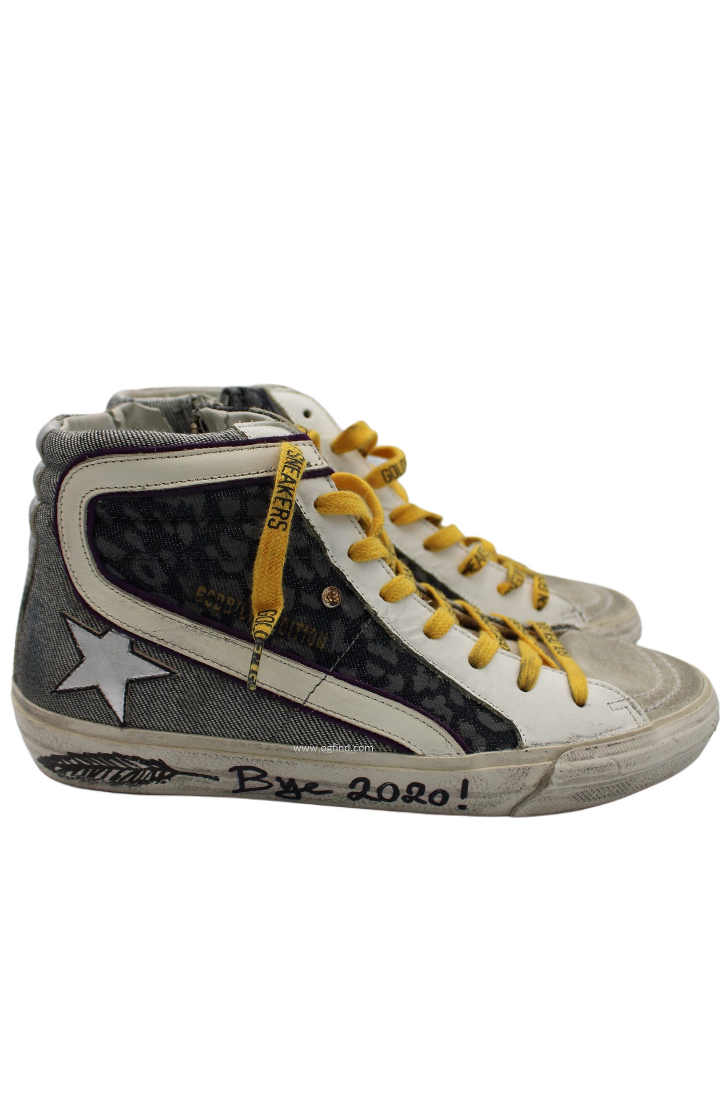 Golden Goose Slide High-Top Sneakers – Black Leather with Leopard Print &amp; Yellow Laces