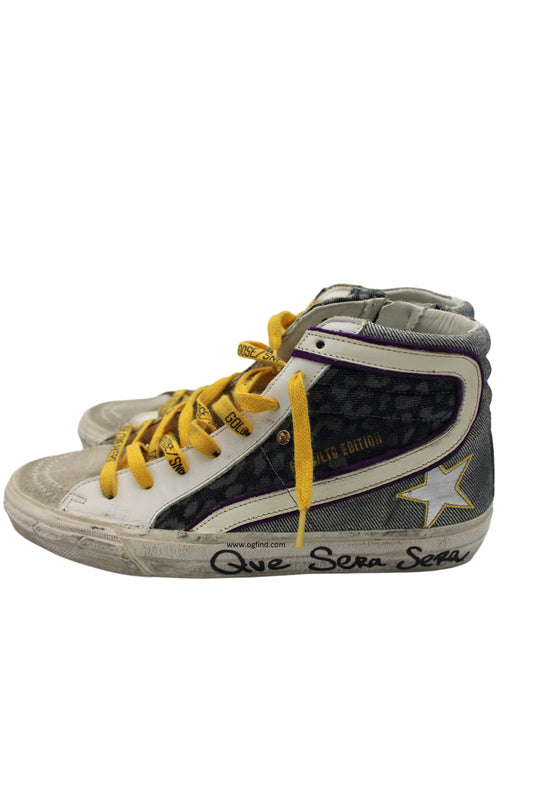Golden Goose Slide High-Top Sneakers – Black Leather with Leopard Print &amp; Yellow Laces