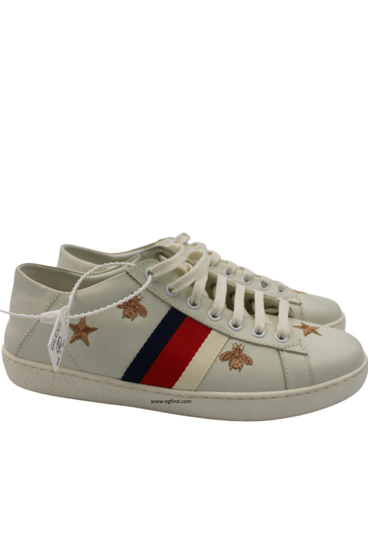 New! Gucci Ace Sneakers – White Leather with Embroidered Stars &amp; Bees