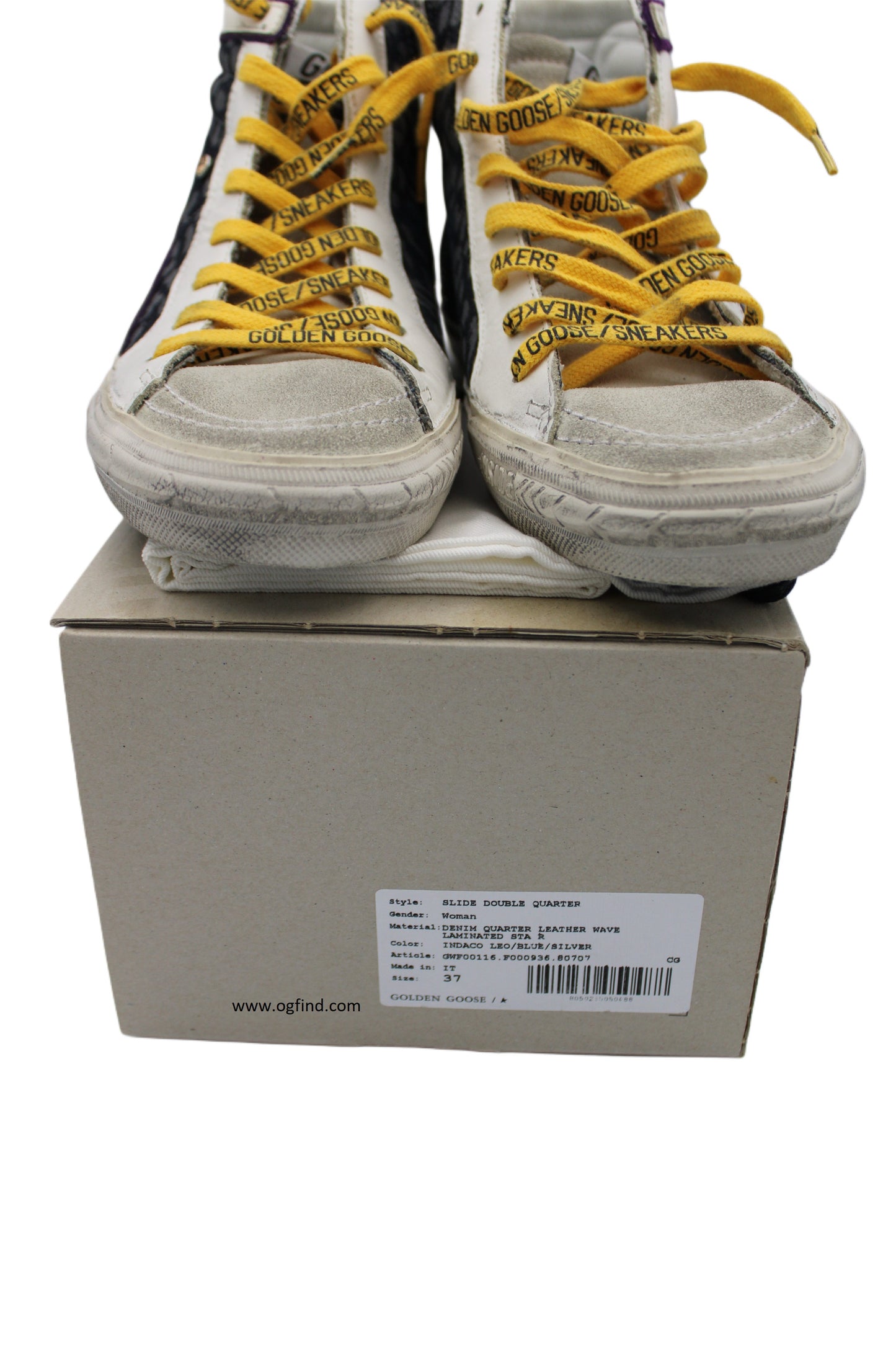 Golden Goose Slide High-Top Sneakers – Black Leather with Leopard Print &amp; Yellow Laces