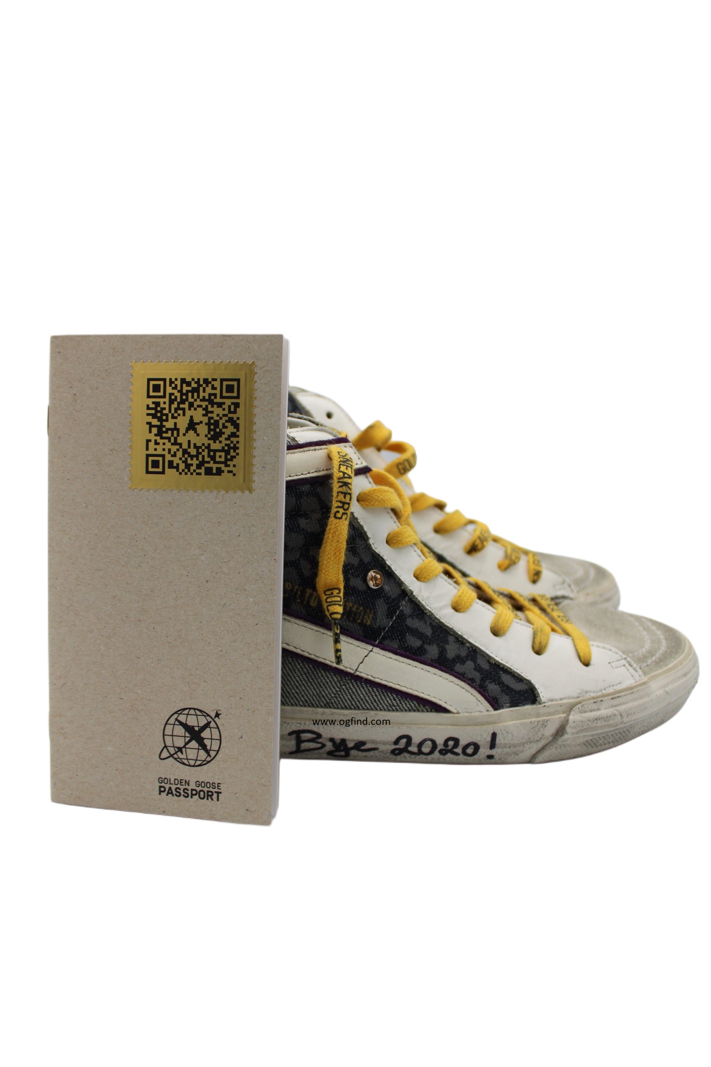 Golden Goose Slide High-Top Sneakers – Black Leather with Leopard Print &amp; Yellow Laces