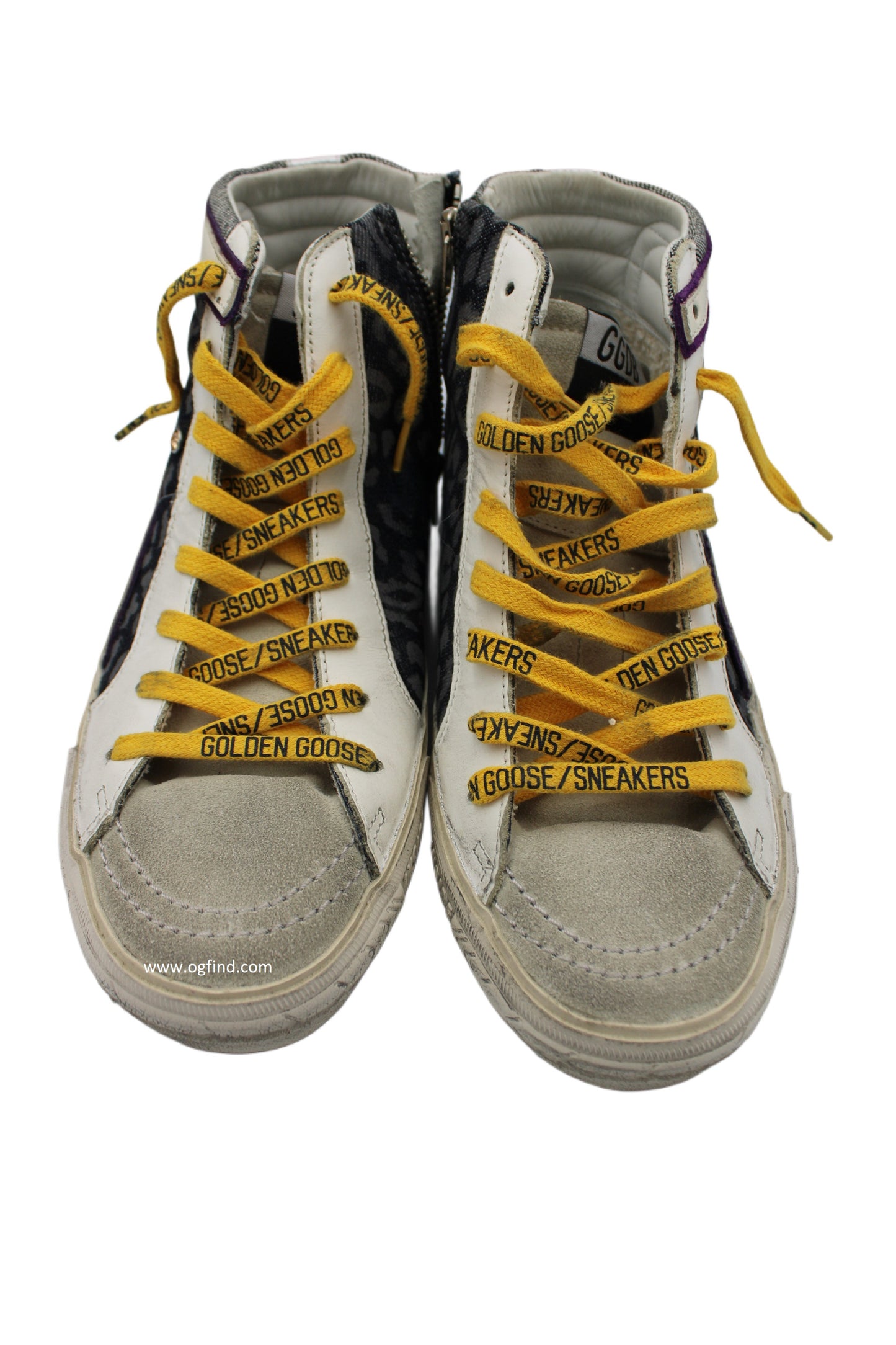 Golden Goose Slide High-Top Sneakers – Black Leather with Leopard Print &amp; Yellow Laces