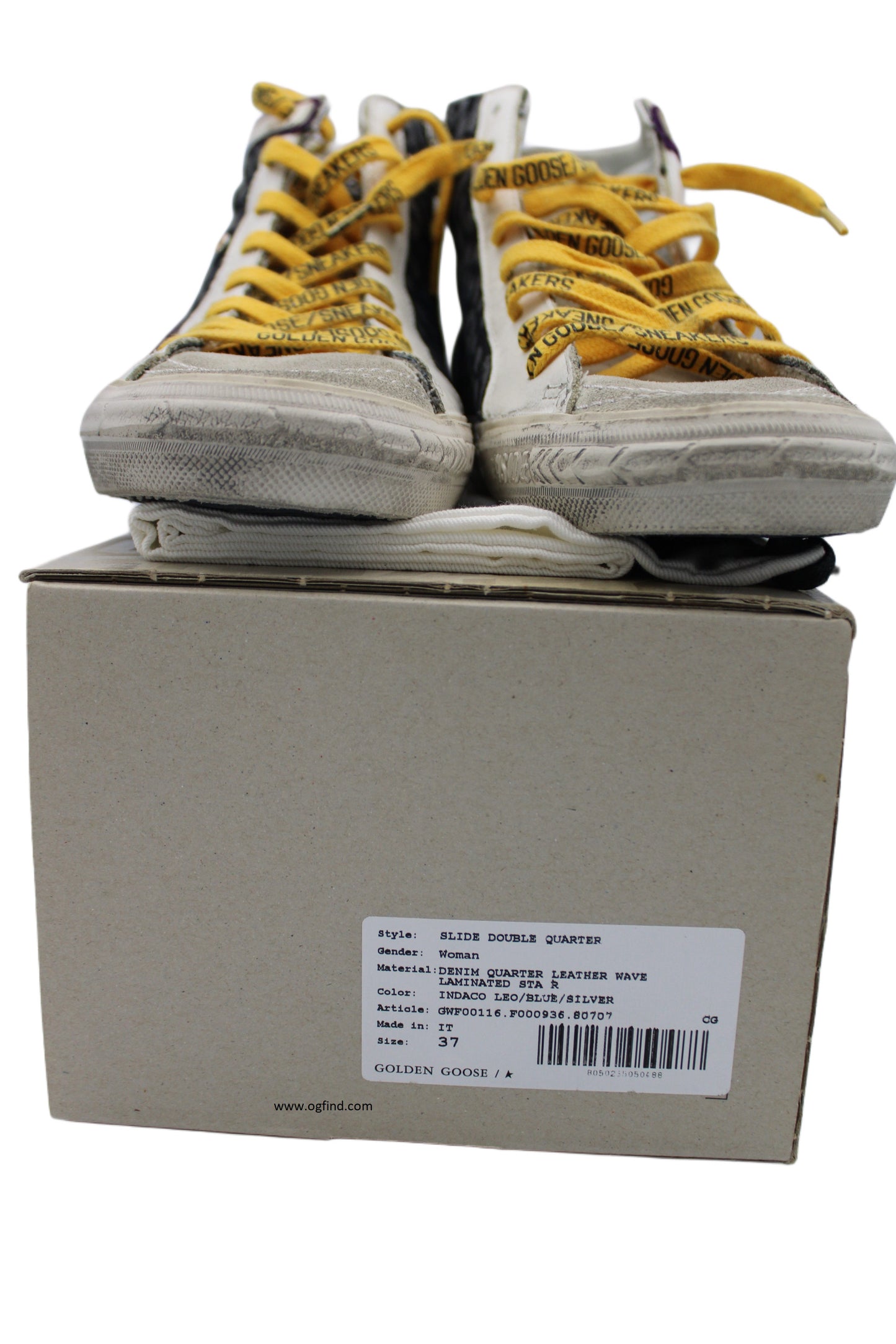 Golden Goose Slide High-Top Sneakers – Black Leather with Leopard Print &amp; Yellow Laces