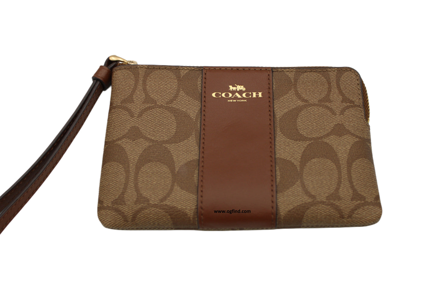 Coach Signature Coated Canvas Wristlet in Khaki/Saddle Brown