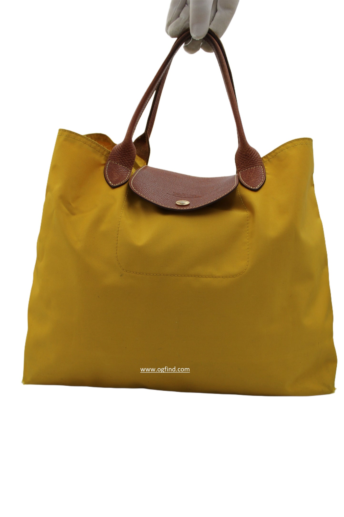 Longchamp Le Pliage Large Tote in Naples Yellow with Brown Leather Handles