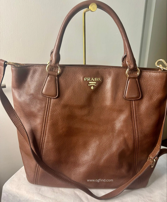 ✨ Authentic PRADA Vitello Daino Tote – Palissandro Brown | Work & Laptop Ready!