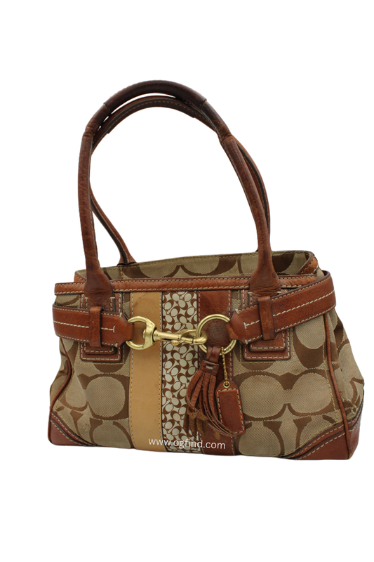 Coach Hampton Signature Carryall – Brown &amp; Tan Leather Trim Shoulder Bag (Style No. 10507)