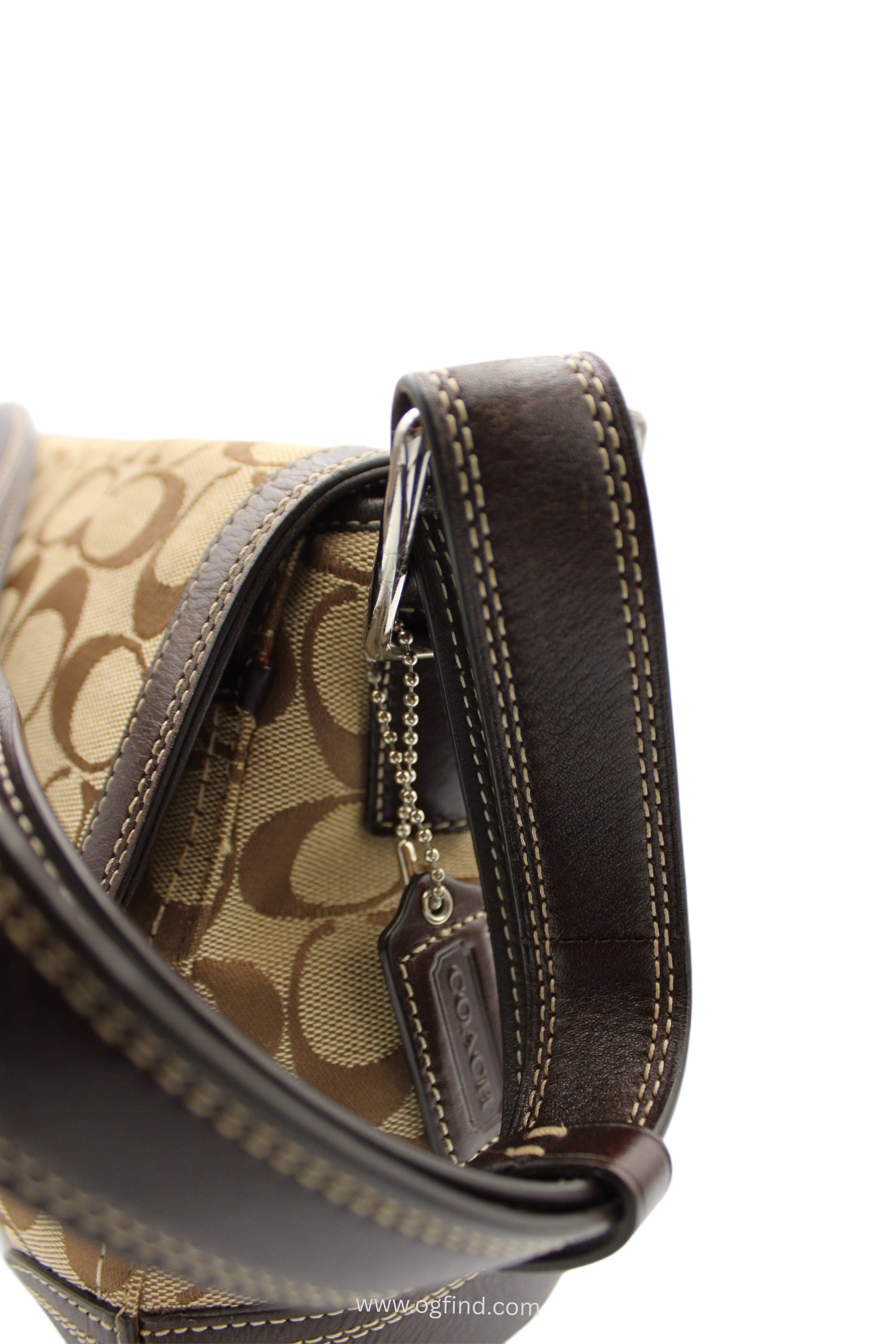 Coach Signature Canvas Shoulder Bag – Khaki and Brown Leather Trim (Style No. F13972 / F13066)