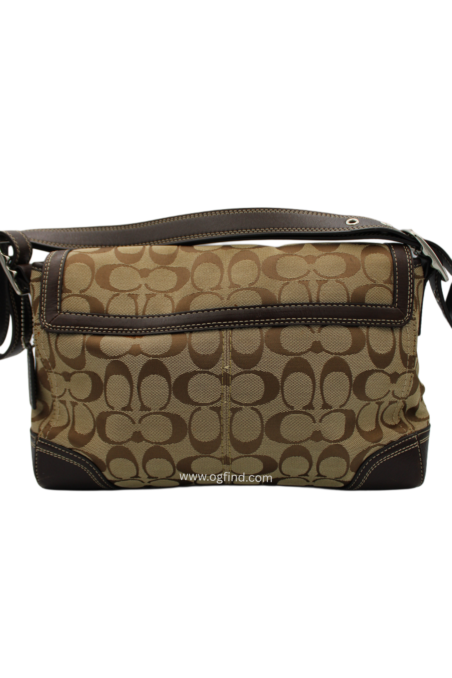 Coach Signature Canvas Shoulder Bag – Khaki and Brown Leather Trim (Style No. F13972 / F13066)