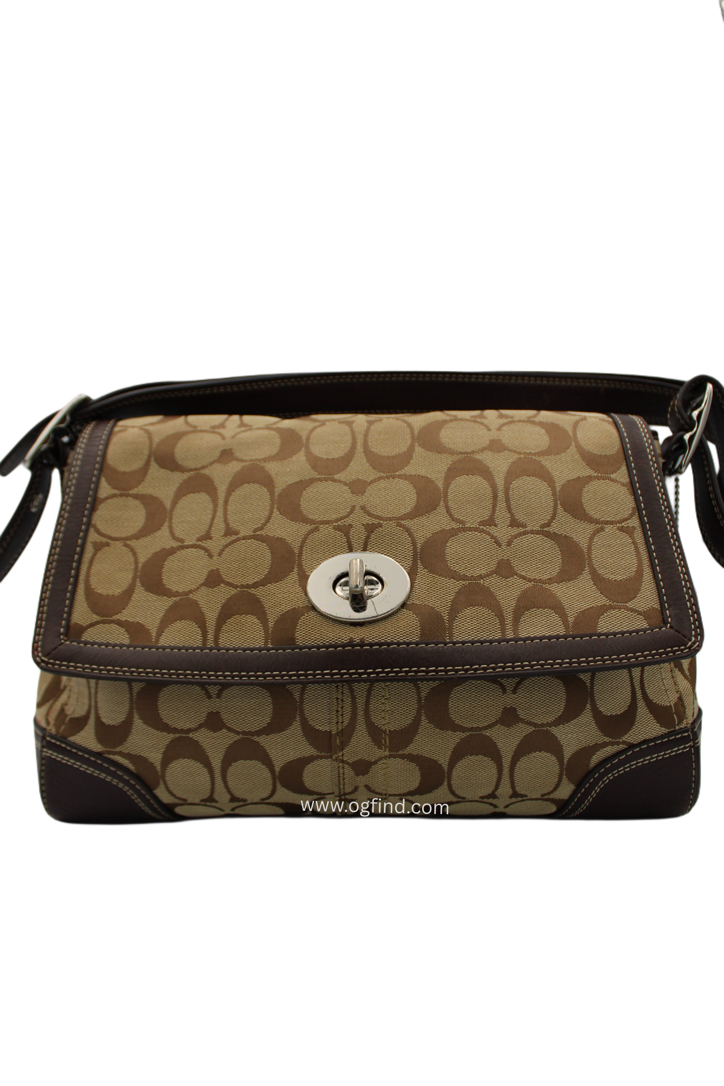 Coach Signature Canvas Shoulder Bag – Khaki and Brown Leather Trim (Style No. F13972 / F13066)