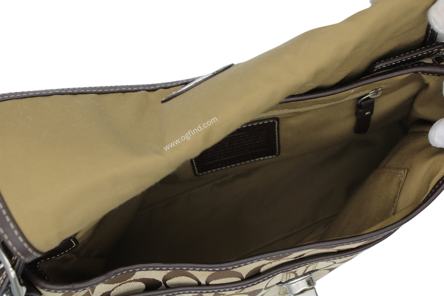 Coach Signature Canvas Shoulder Bag – Khaki and Brown Leather Trim (Style No. F13972 / F13066)