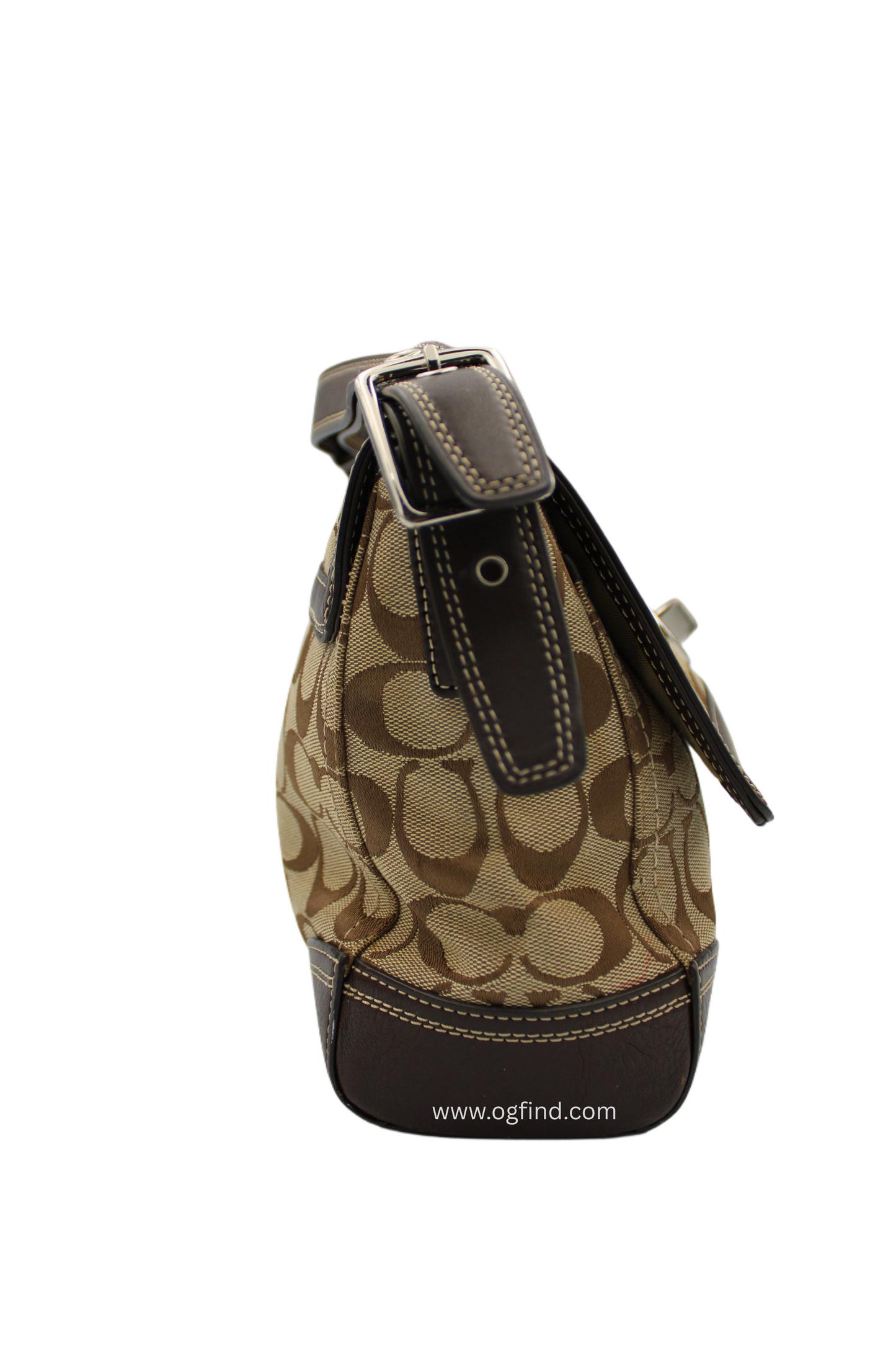 Coach Signature Canvas Shoulder Bag – Khaki and Brown Leather Trim (Style No. F13972 / F13066)