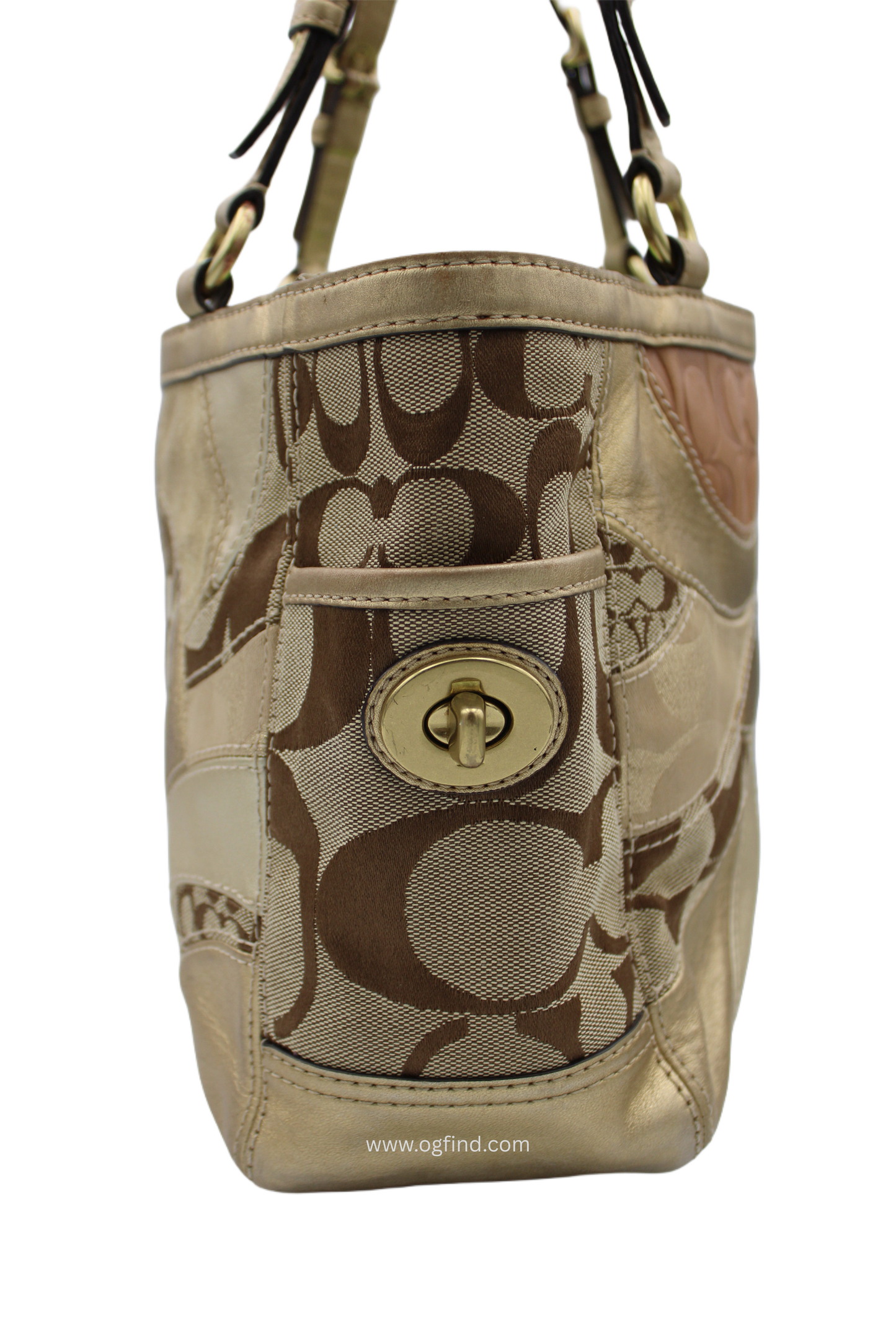 Coach F14004 Gold Patchwork Signature Canvas Leather and Suede Tote Bag