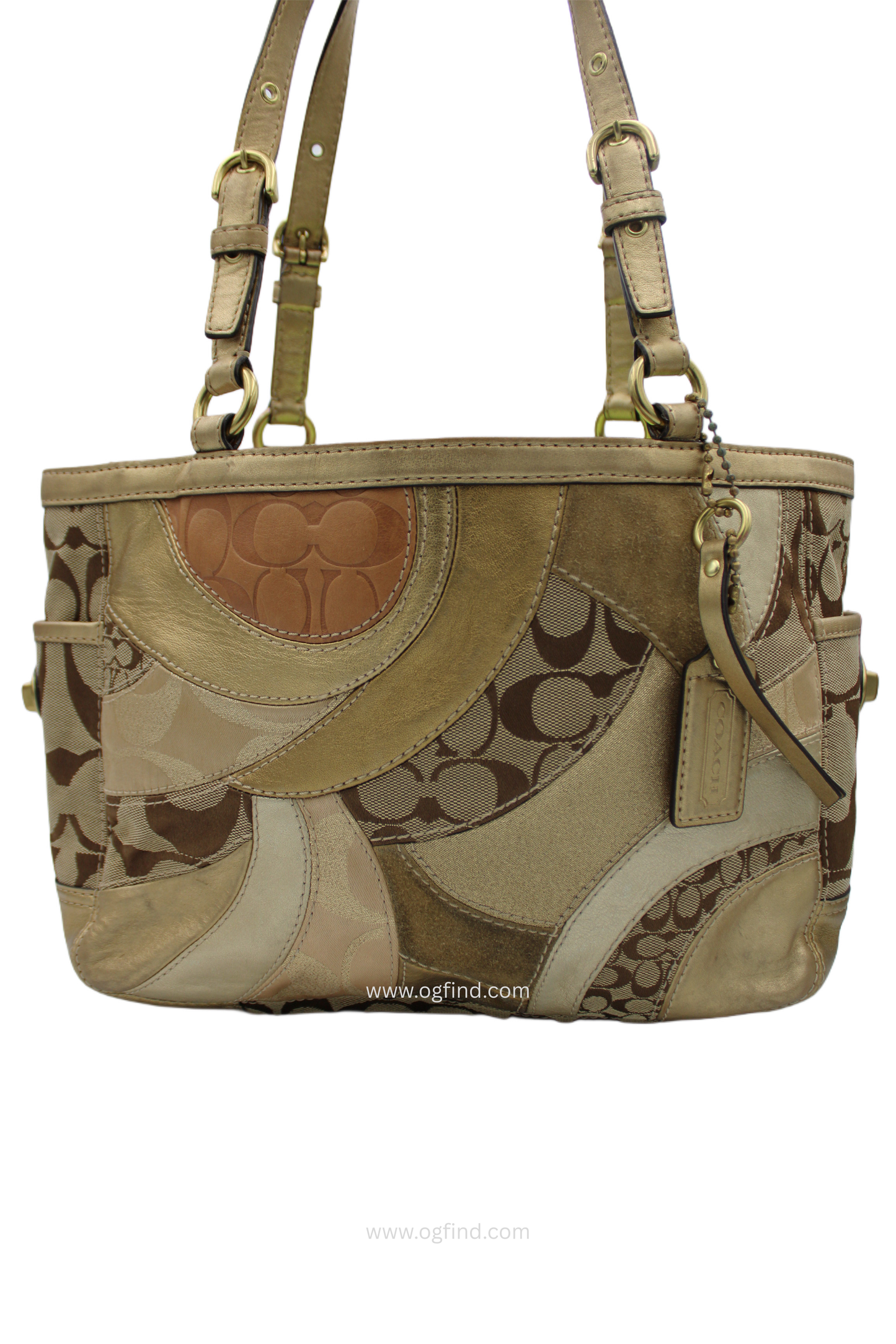Coach F14004 Gold Patchwork Signature Canvas Leather and Suede Tote Bag