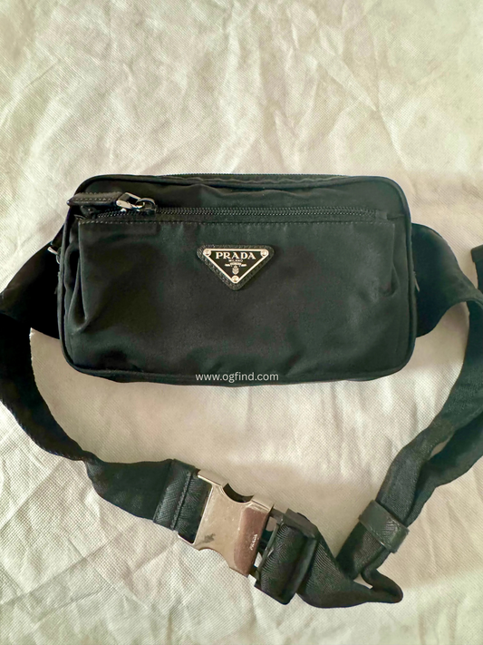 Prada Re-Nylon & Saffiano Belt Bag (2VL977) – Black, Excellent Condition – 4.9″ × 8.3″ – Wais